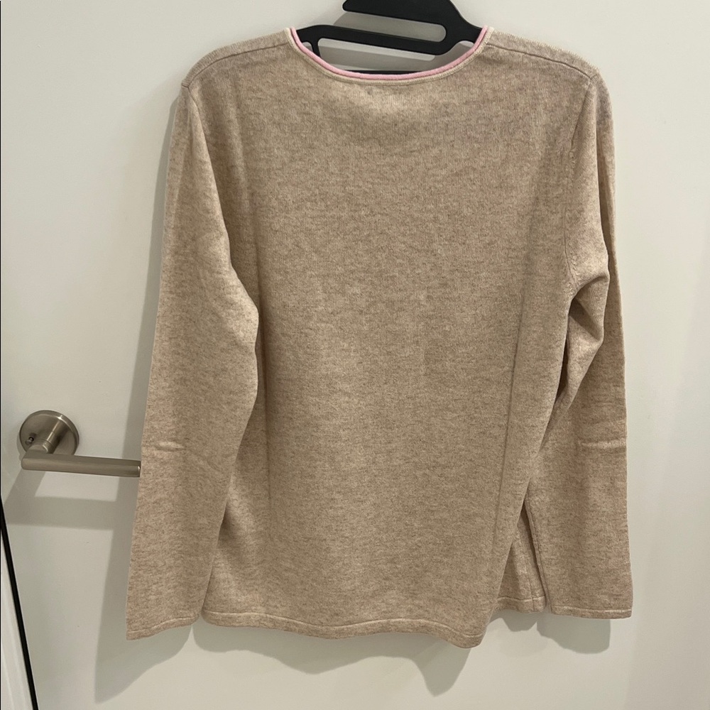 J. McLaughlin Tan Crewneck Sweater with Pink Trim - Picture 7 of 8